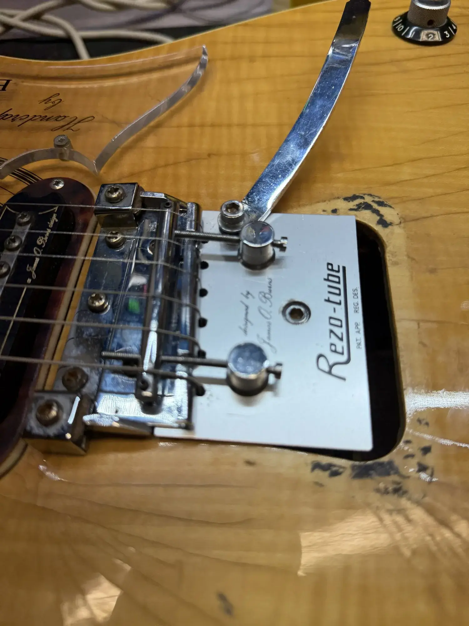 Restored 1965 Burns/Baldwin Virginian showing its flame maple top and Rez-o-Tube vibrato